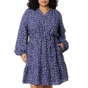 NEW Draper James Navy Floral Print Long Sleeve Belted Pocket Knee Length Dress